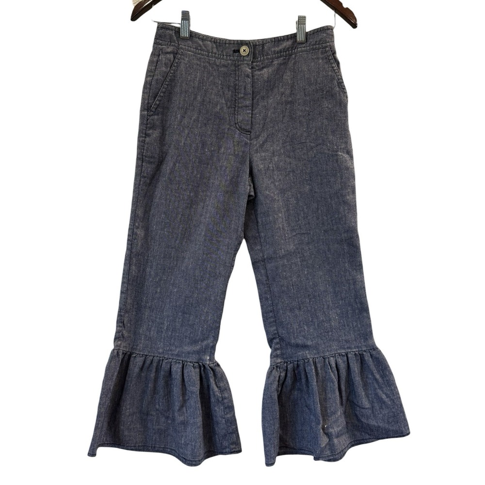 ett:twa Anthropologie Linen Blend Ruffle Hem Chambray Capri Pants Womens 0 Blue